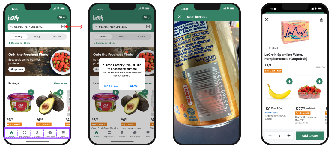 Shows four mobile images with the following steps: search bar with the scan icon, message to grant camera access, barcode in the camera view, and product details in the storefront.