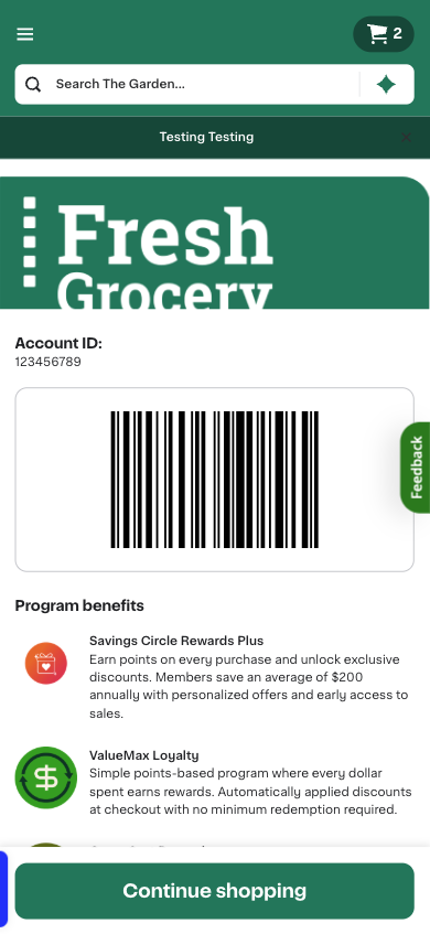 Shows the loyalty program page with the barcode displayed inline.