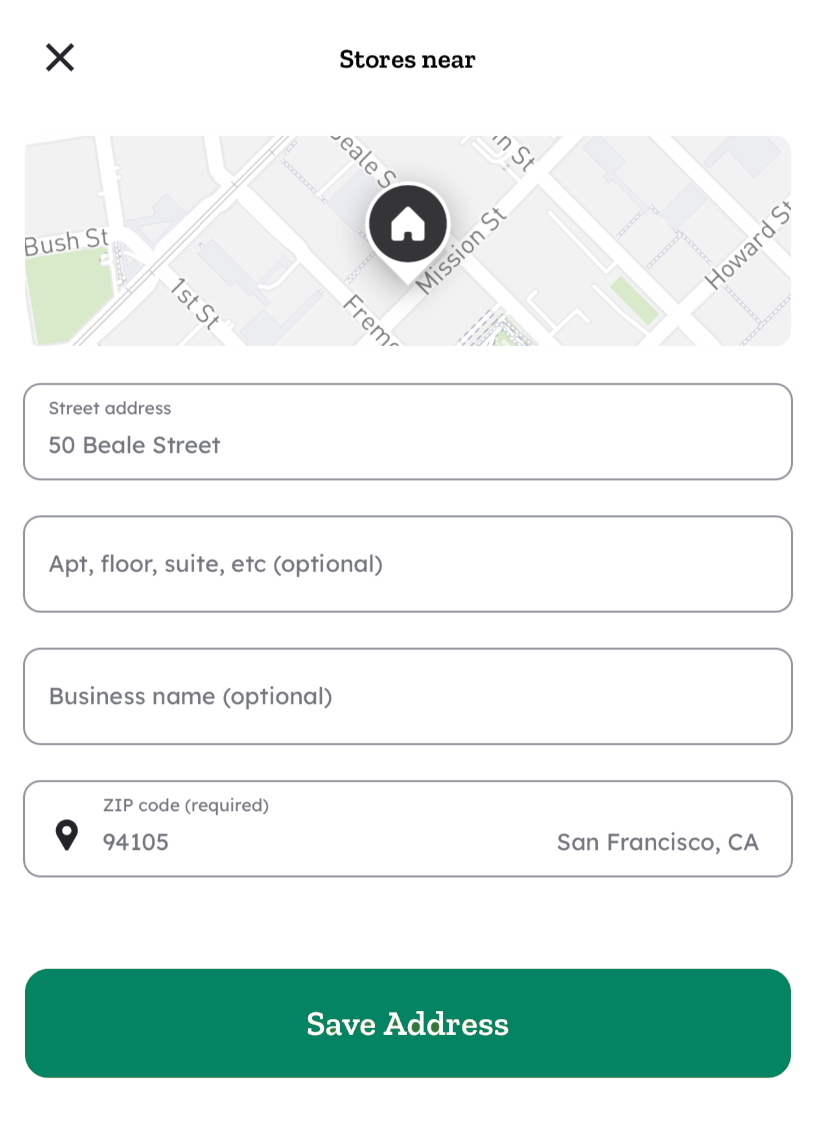 Shows a form titled &quot;Stores near&quot; with a map, fields for street address, optional apartment or business name, and a required ZIP code. A &quot;Save Address&quot; button is below.