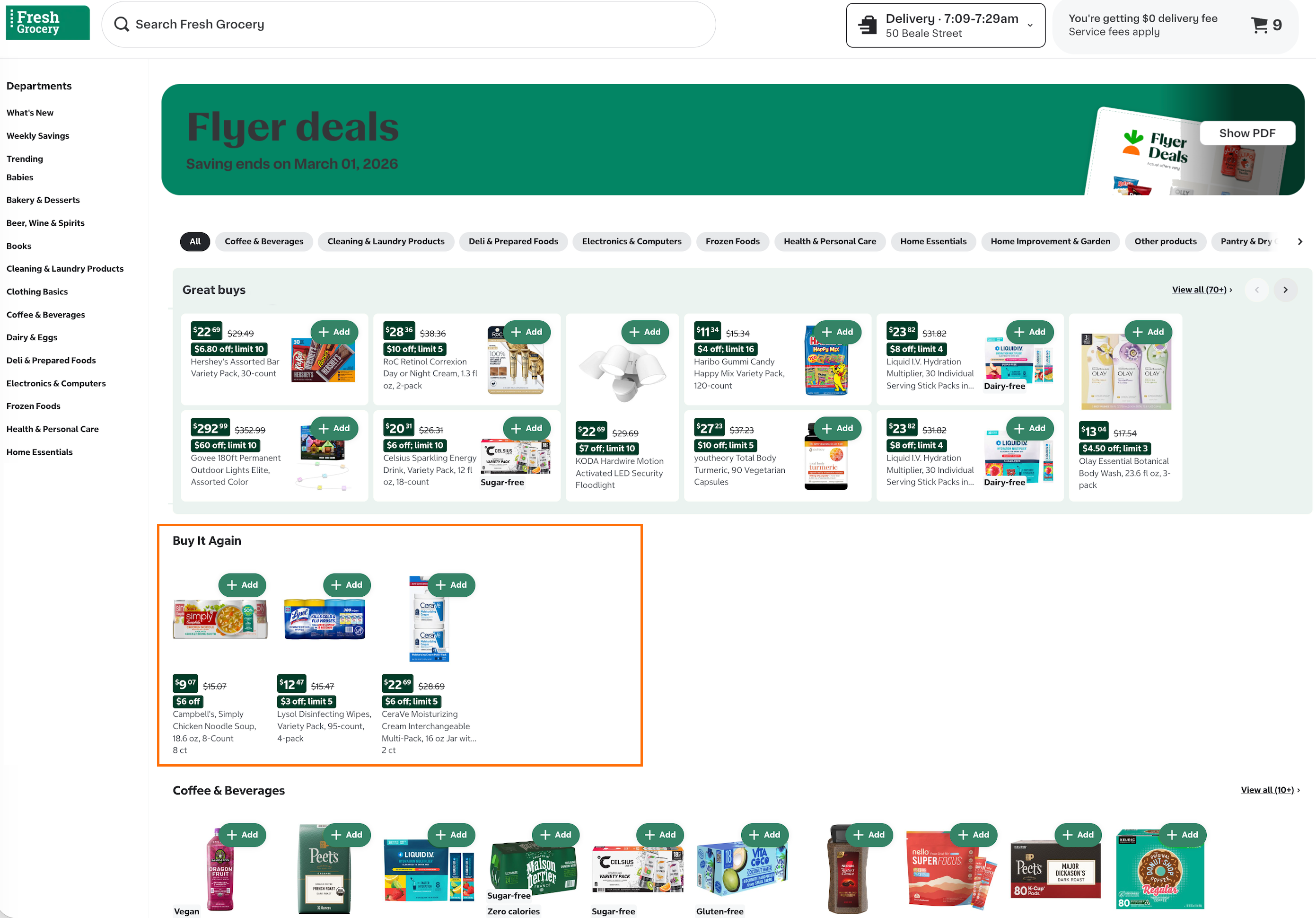 Shows the "Buy it again" carousel on a digital flyer page, below the Great buys section, displaying items a customer has previously purchased that are also in the flyer.