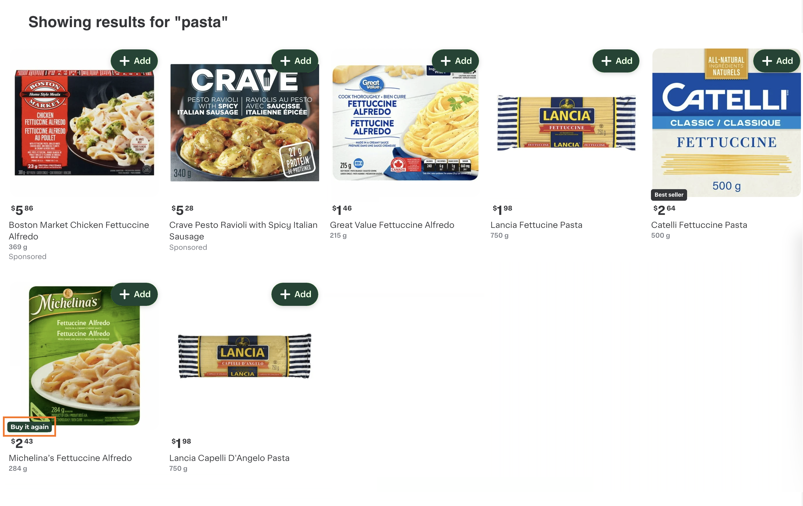 Shows the search results for &quot;fettuccine pasta&quot;. In the results, a Michelina&#39;s product with the label &quot;Buy it again&quot; appears to indicate that it was previously purchased.