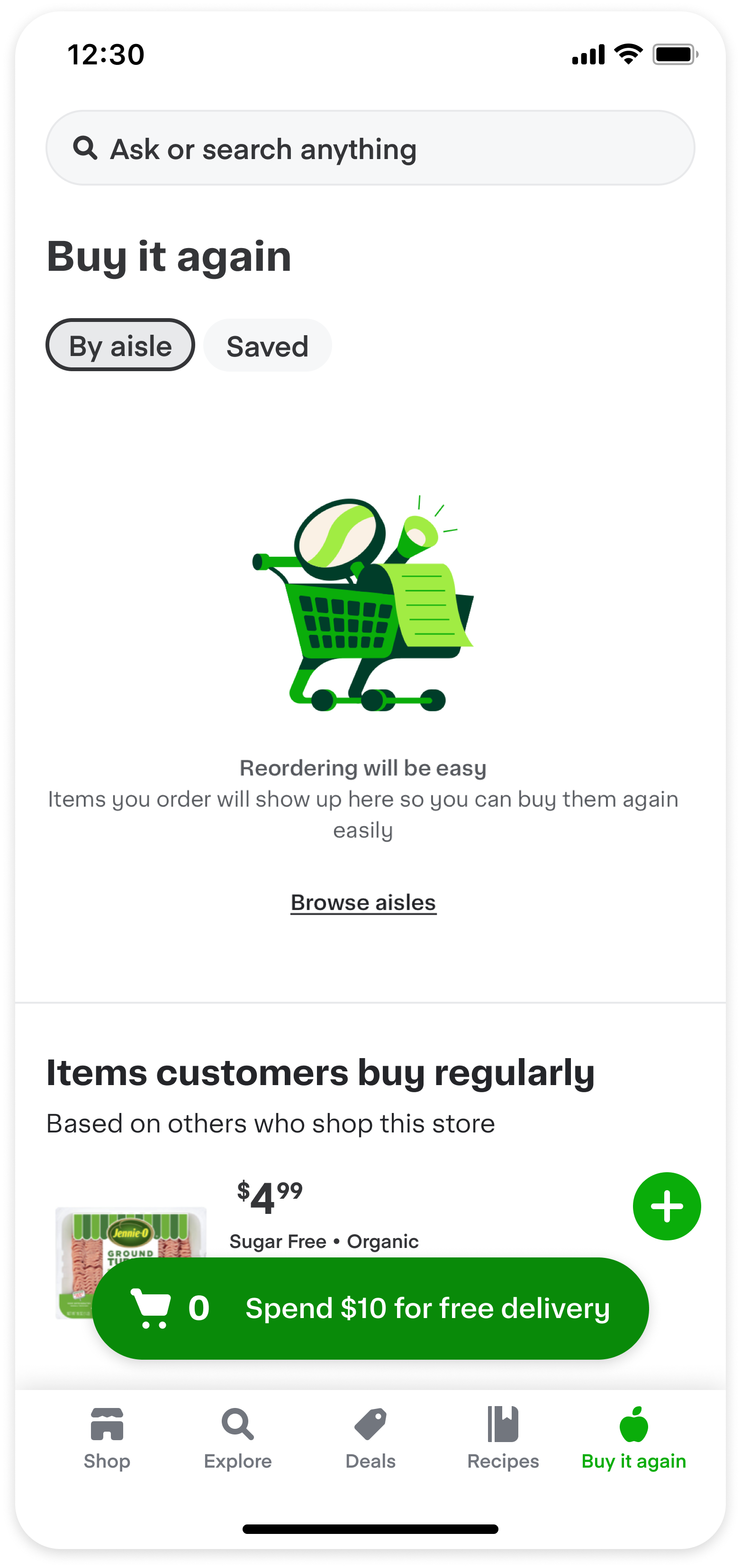 Shows the Buy it again collection without any items. The Items customers buy regularly experience appears below the Buy it again collection and displays items other customers frequently repurchase.