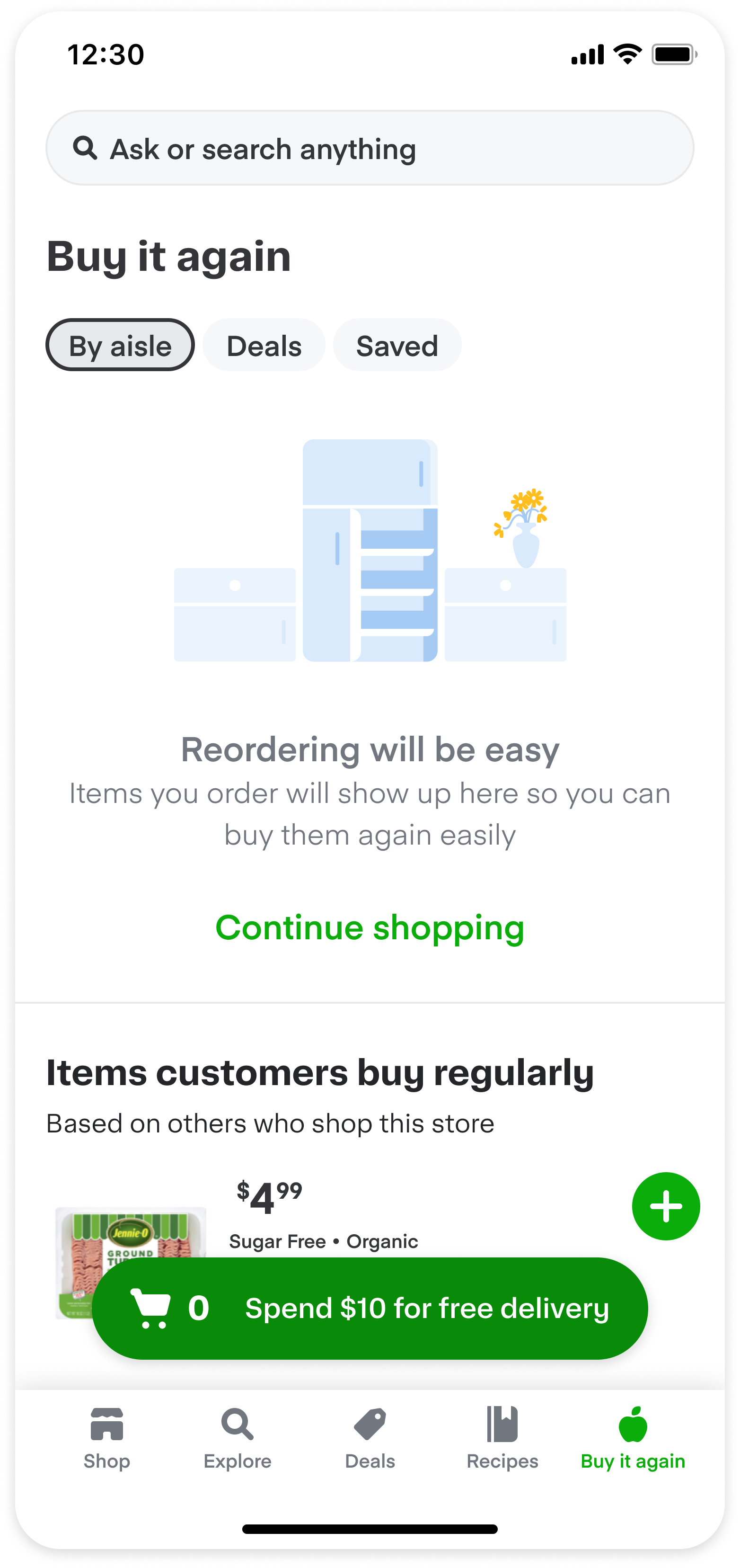 Shows the Buy it again collection is empty. The Items customers buy regularly experience appears below the Buy it again collection and displays items other customers frequently repurchase.