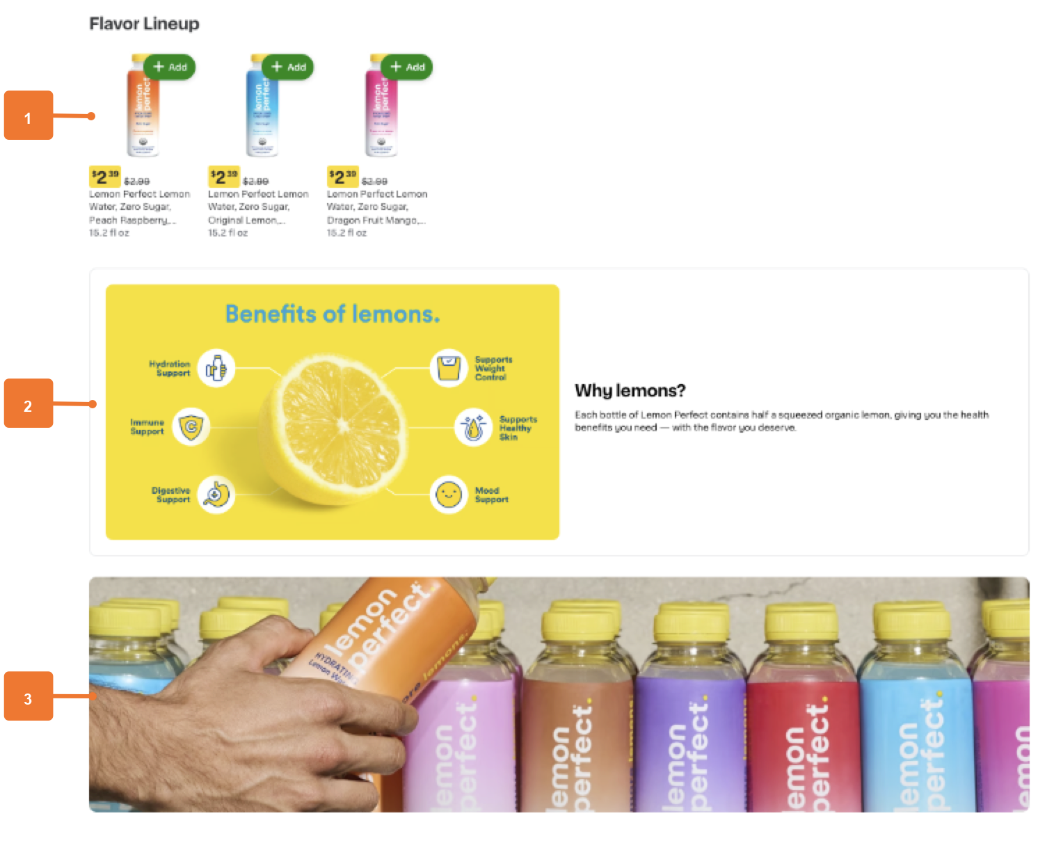 Shows examples of the brand page blocks. The first block is a product collection called "Flavor Lineup" with standard item tiles. The second block is a banner with a picture of a lemon and some benefits beside text that starts with "Why Lemons?". The last block is a banner showing a hand holding a bottle among a lineup of colorful Lemon Perfect Lemon Water bottles. The image includes callouts.