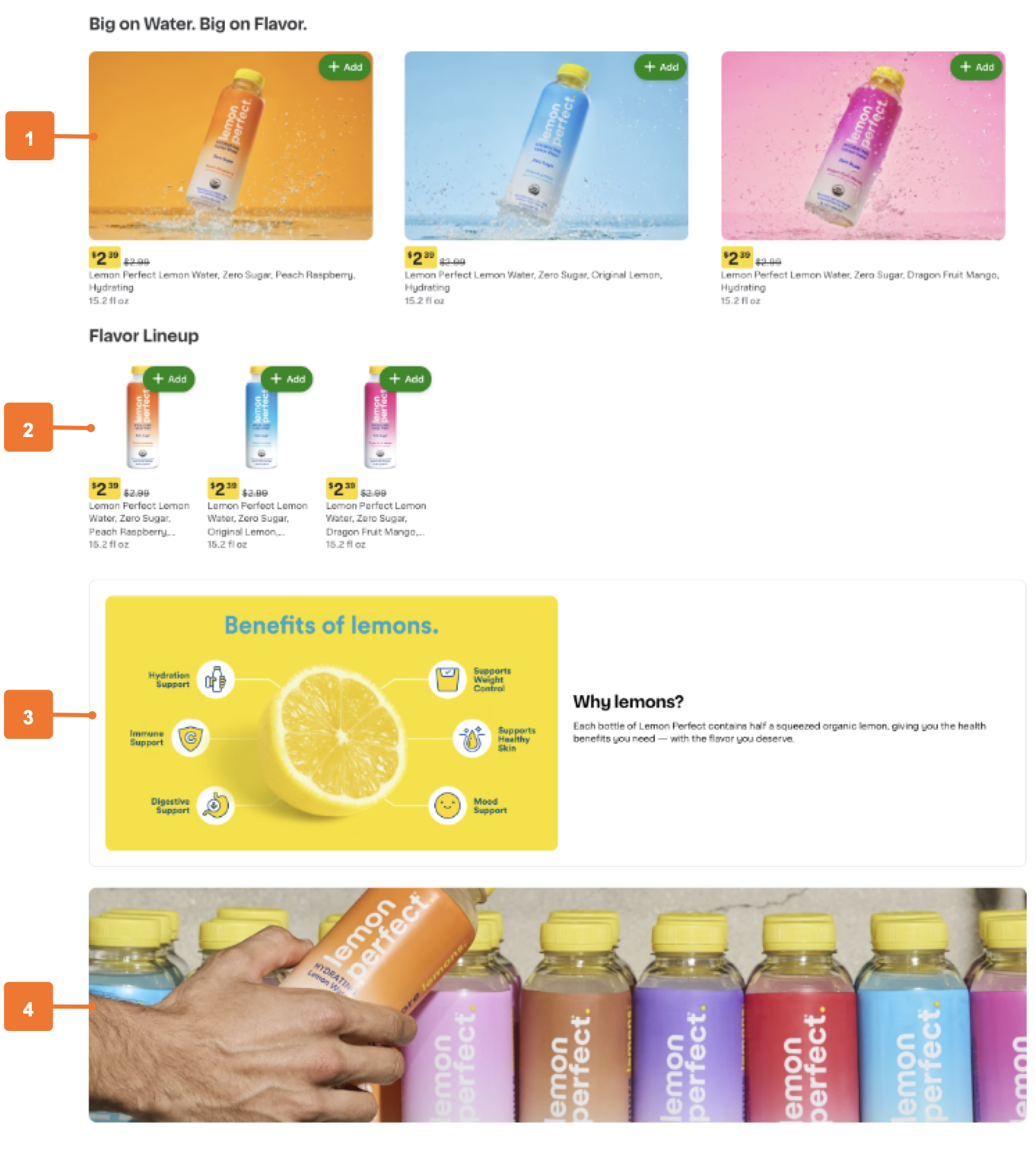 Shows examples of the brand page blocks. The first block is a spotlight product collection called &quot;Big on Water, Big on Flavor&quot; with square product tiles for a selection of Lemon Perfect Lemon Water flavors. The second block is a product collection called &quot;Flavor Lineup&quot; with standard item tiles for the same products. The third block is a banner with a picture of a lemon and some benefits beside text that starts with &quot;Why Lemons?&quot;. The last block is a banner showing a hand holding a bottle among a lineup of colorful Lemon Perfect Lemon Water bottles. The image includes callouts.