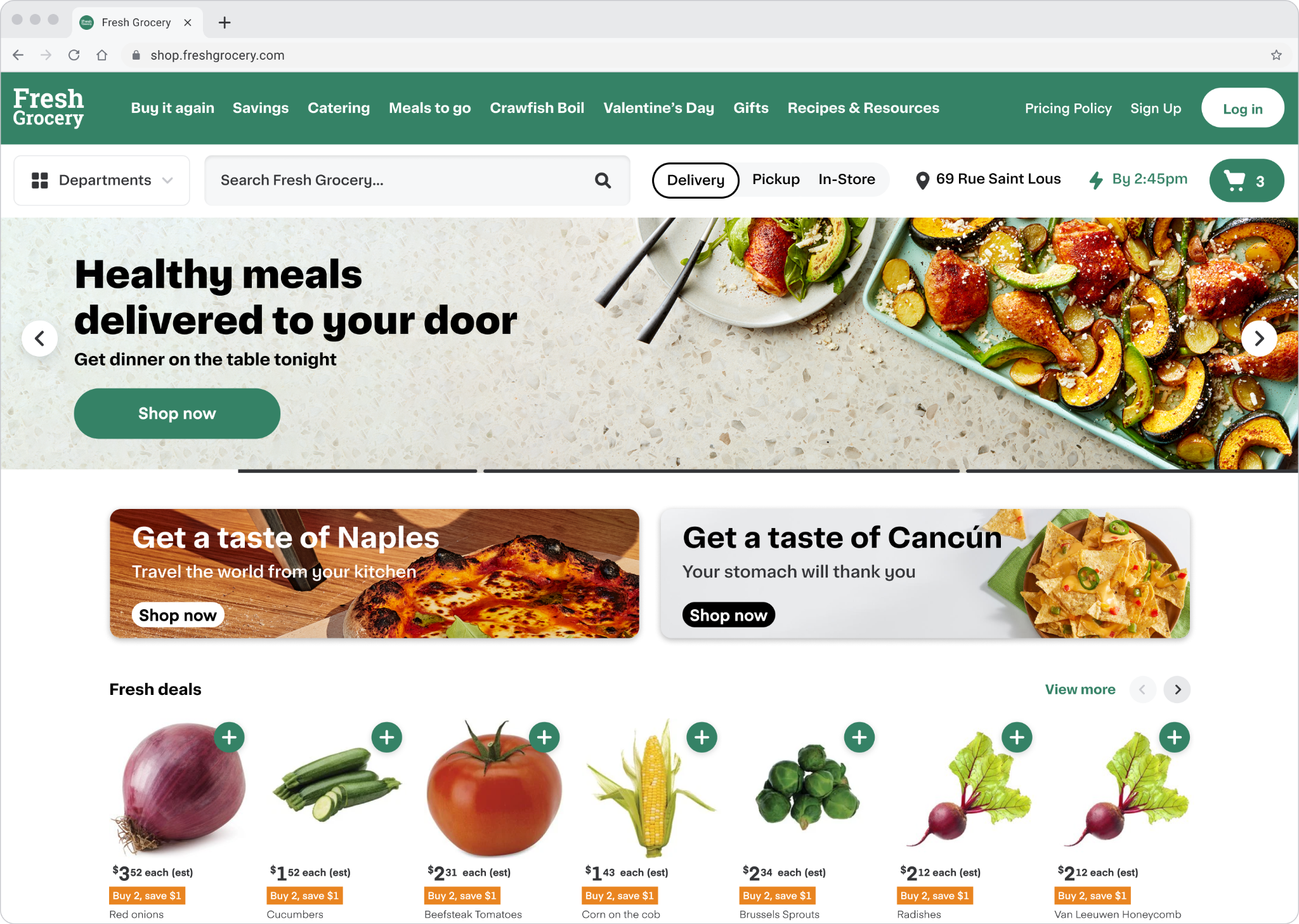 Shows the example Fresh Grocery site with branding that reflects the brand’s style.