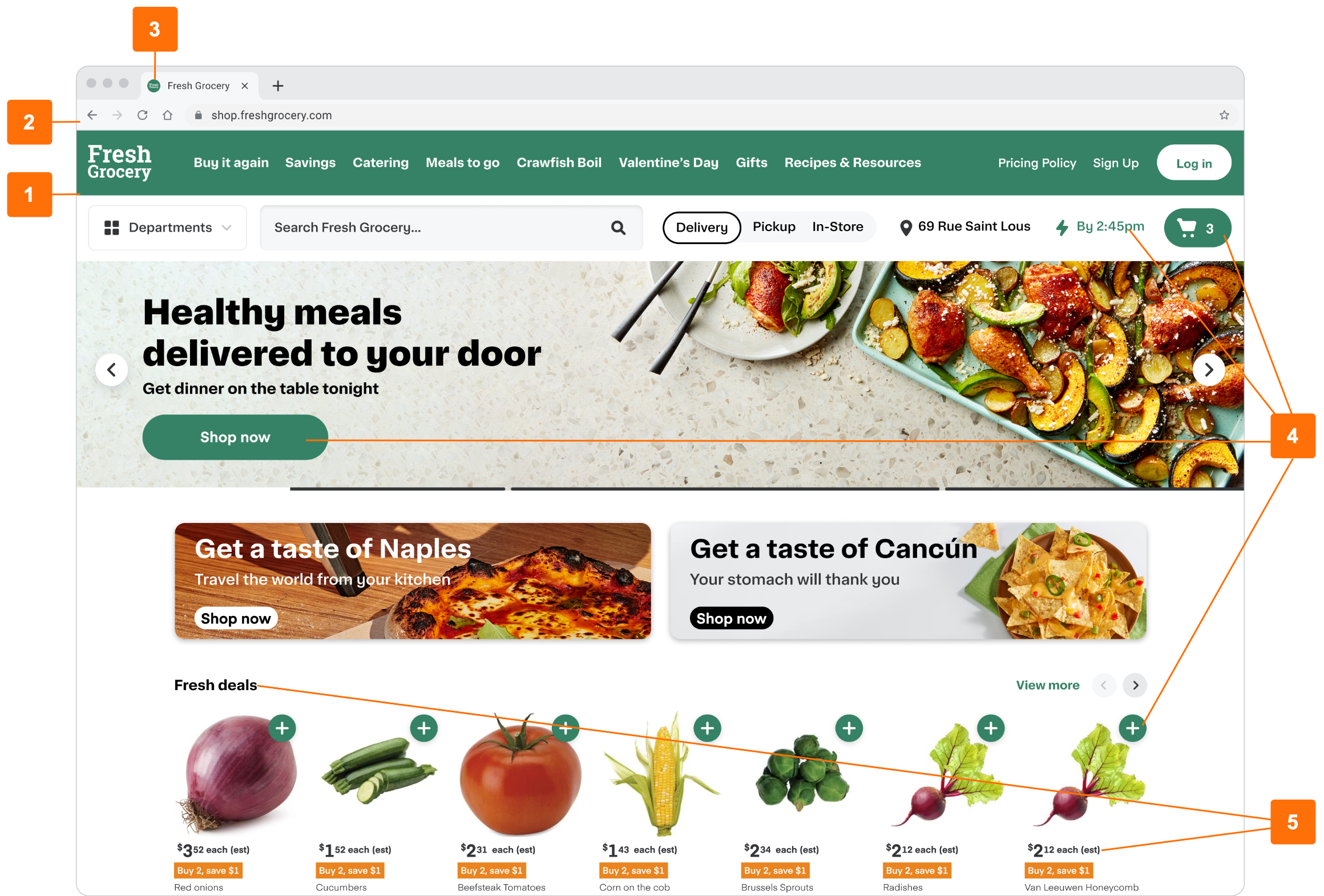 Shows the brand and style of the Fresh Grocery storefront, including custom header colors, logo, favicon, brand colors, and fonts.