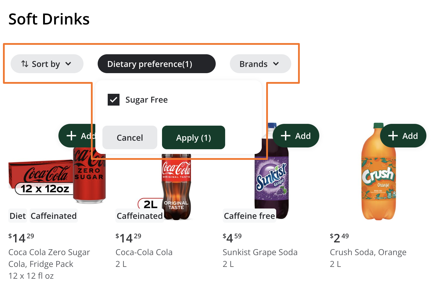 Shows a collection page with pill-shaped filter buttons for Sort by, Dietary preference, and Brands, with the Dietary preference filter expanded.