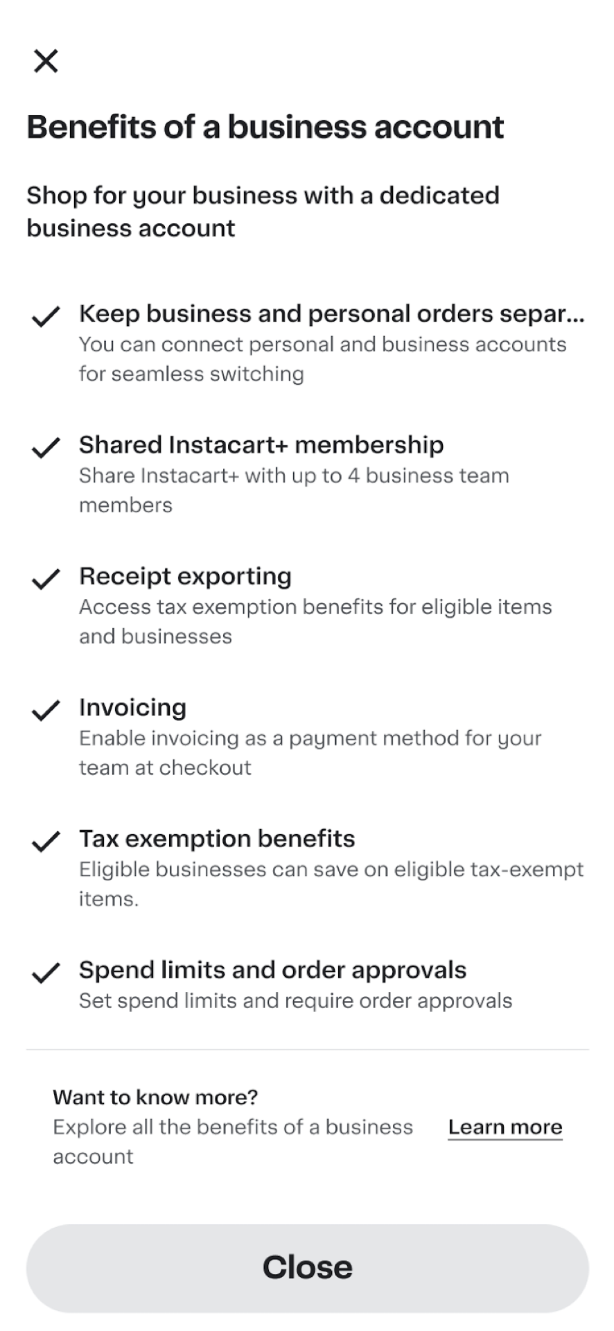 Shows a list of benefits for a business account, including order separation, shared membership, receipt exporting, invoicing, tax benefits, and spend limits.