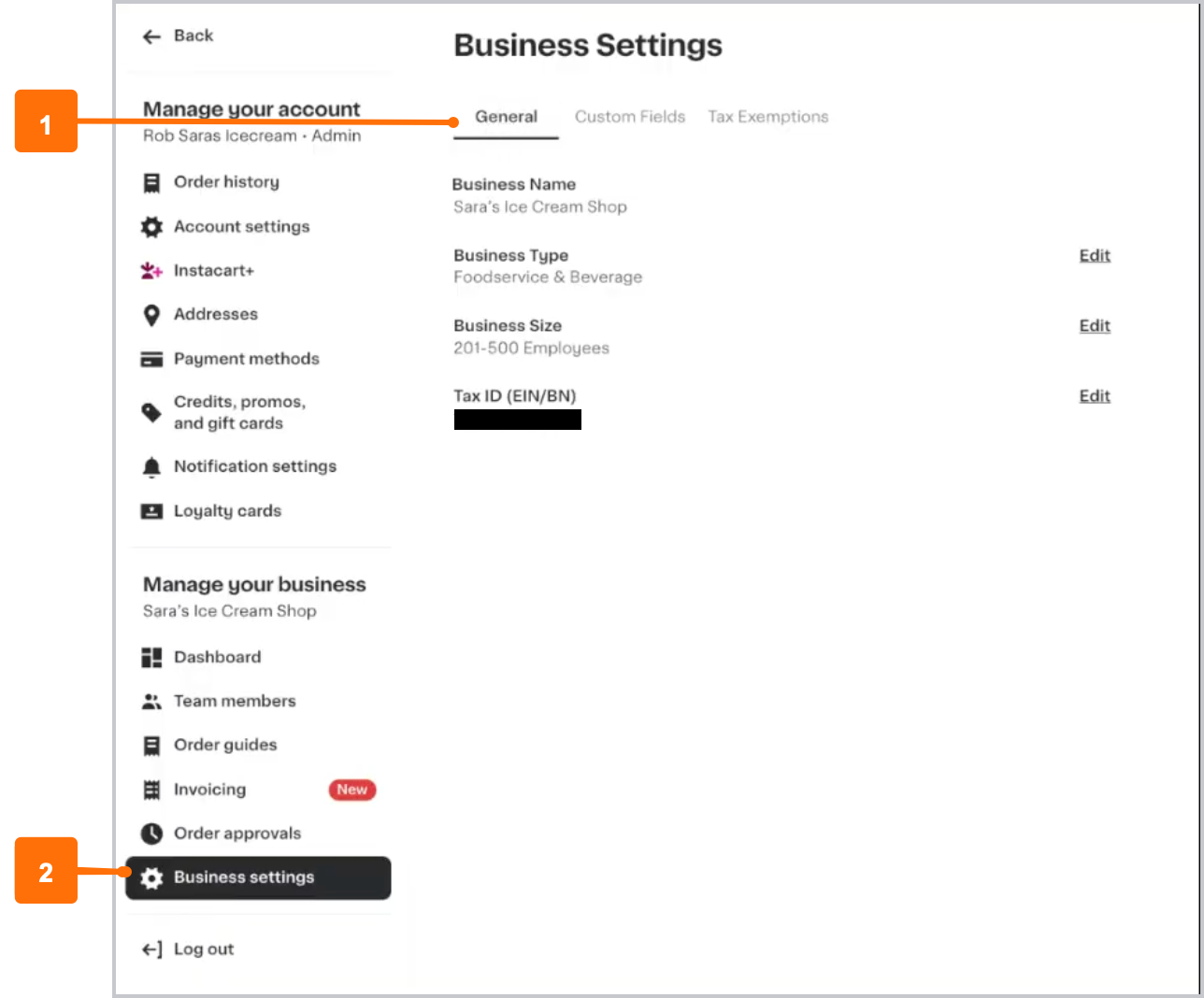 Shows the Business Settings page with the General tab selected. There are editable fields for Business Name, Business Type, Business Size, and Tax ID.
