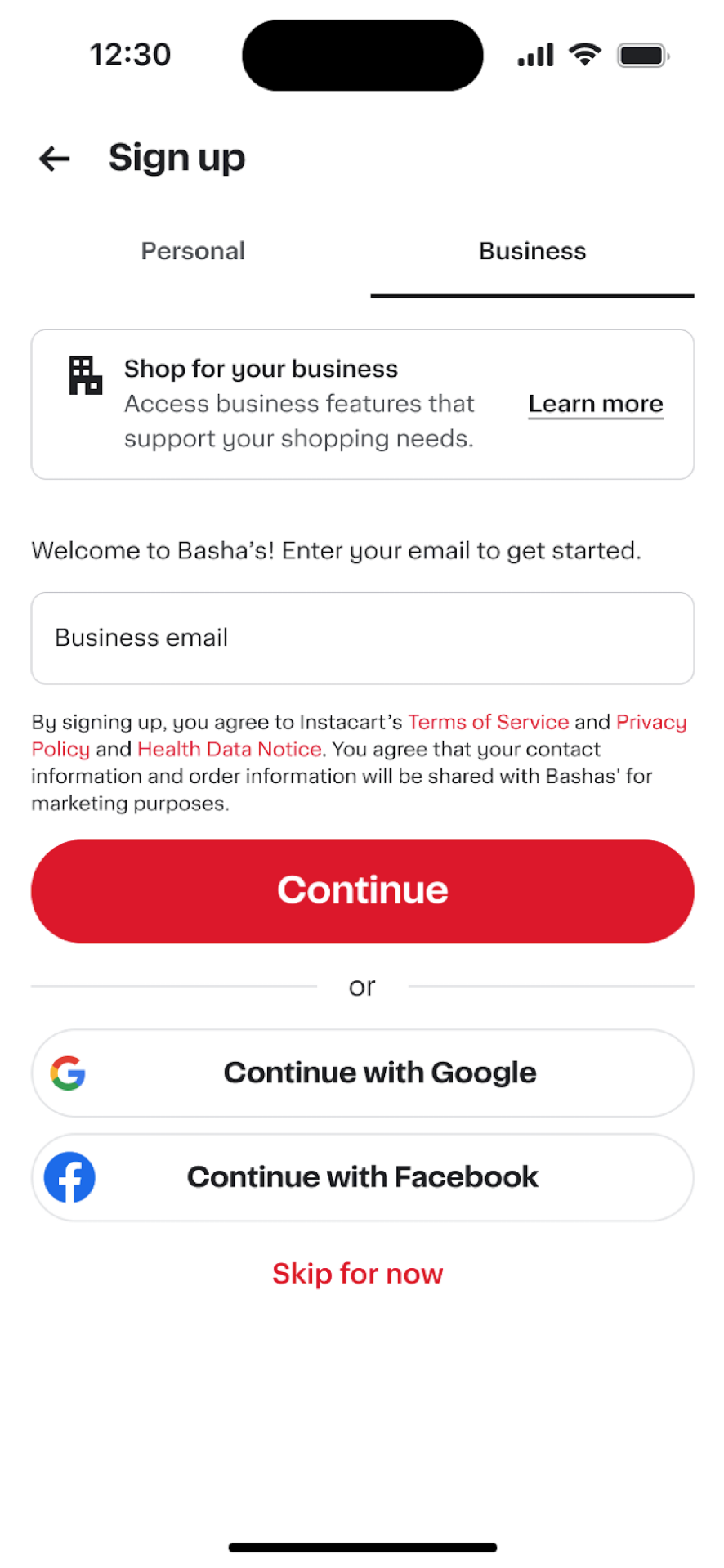 Shows a sign-up page with options for Personal or Business. Includes a business section description, a business email input field, a Continue button, alternate sign-in options, and a Skip for now link.