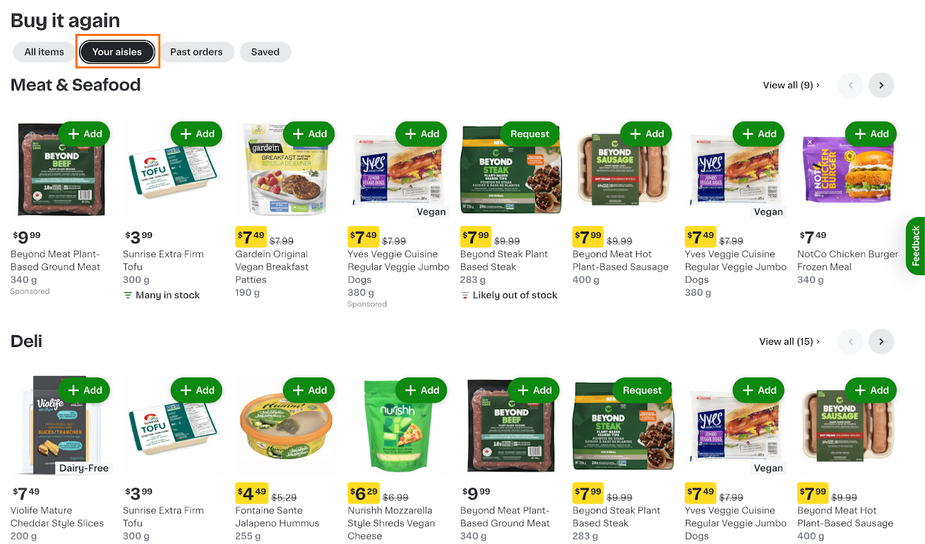 Shows the Buy it again experience with the &quot;Your aisles&quot; group option annotated. The page displays items sorted into the &quot;Meat &amp; Seadfood&quot; and &quot;Deli&quot; aisles groups.
