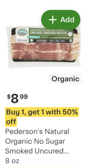Shows an item tile with a coupon that advertises &quot;Buy 1, get 1 with 50% off&quot;.