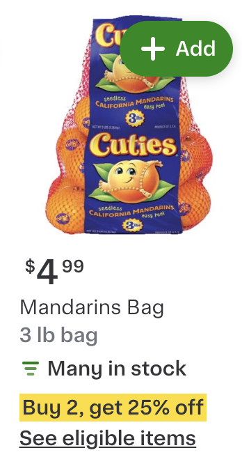 Shows an item tile with a coupon that advertises &quot;Buy 2 Get 25% off&quot;.
