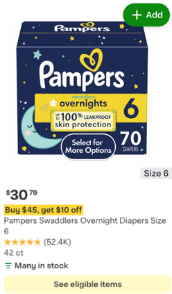 Shows an item tile with a coupon that advertises &quot;Buy $45 Get $10 off&quot;.