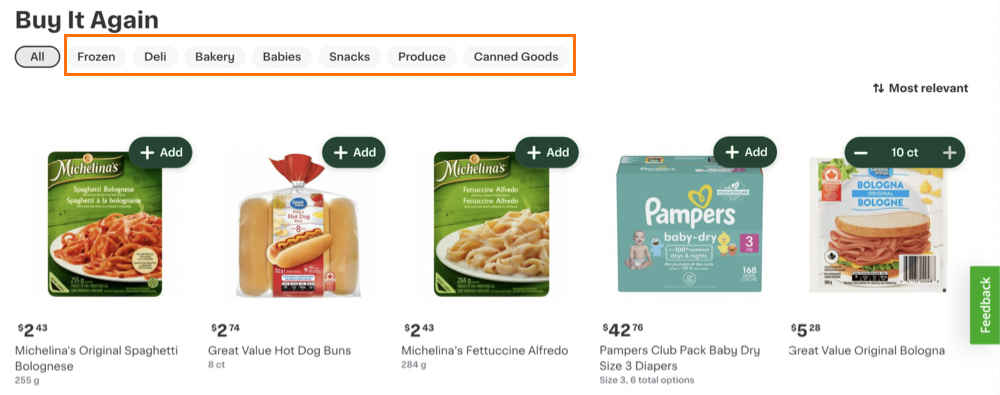 Shows the Buy it again experience with the &quot;Frozen&quot;, &quot;Deli&quot;, &quot;Bakery&quot;, &quot;Babies&quot;, &quot;Snacks&quot;, &quot;Product&quot;, and &quot;Canned Goods&quot; group options annotated.