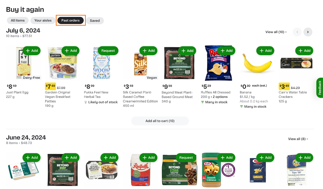 Shows the Buy it again experience with the following group options: All items, Your aisles, Past orders, and Saved. The Past orders group option is annotated.