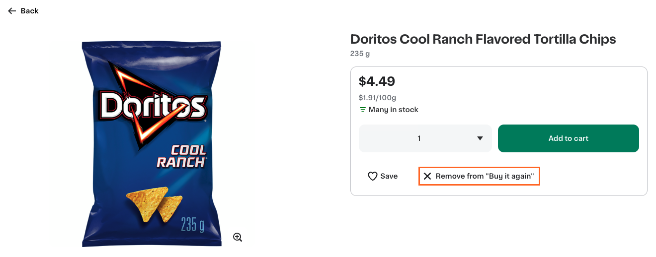 Shows an item tile for a chip product, including the product name, pricing details, and stock levels. The &quot;Remove from &quot;Buy it again&quot;&quot; option is annotated.