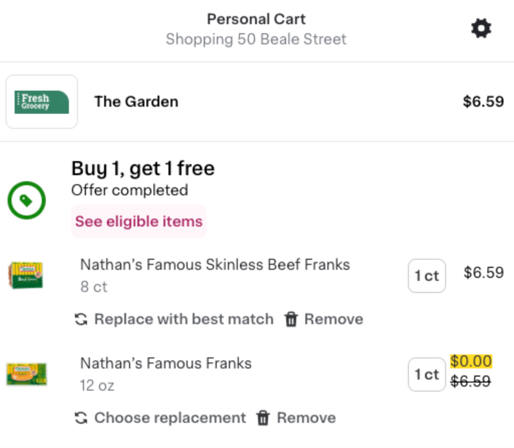Shows an image of two items in a cart with a buy one, get one free offer. Nathan&#39;s Famous Skinless Beef Franks are listed at $6.59, and Nathan&#39;s Famous Franks are listed at $0.00.
