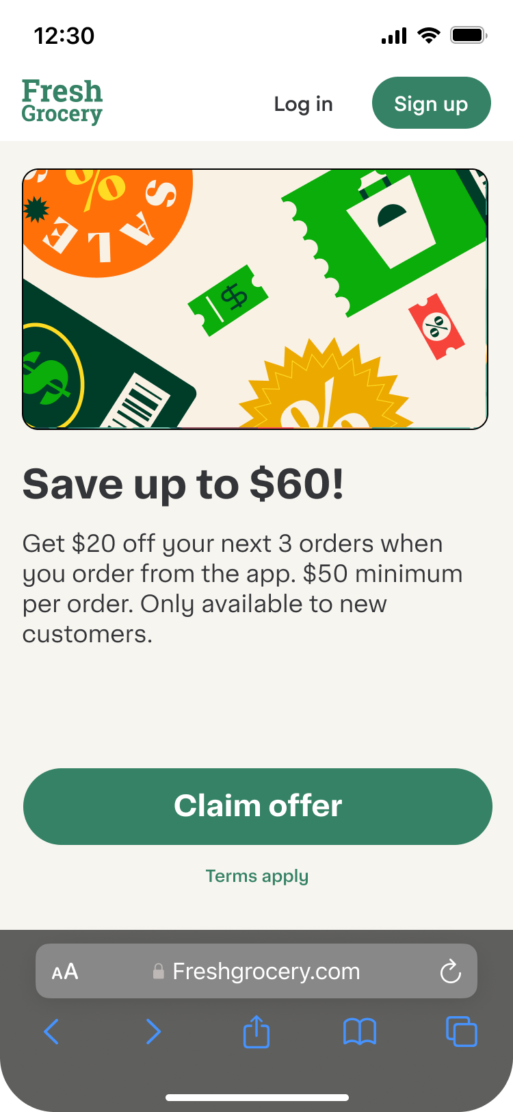 Shows a landing page with the offer and a button to &quot;Claim offer&quot;. 