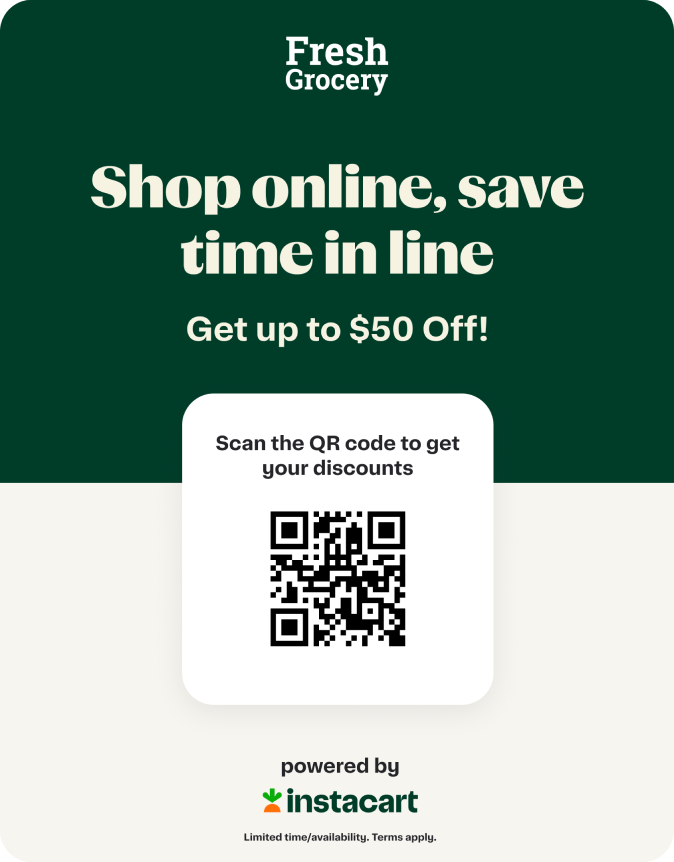 Shows an in-store marketing poster with a QR code and the “Shop online, save time in line. Get up to $50 Off” incentive.