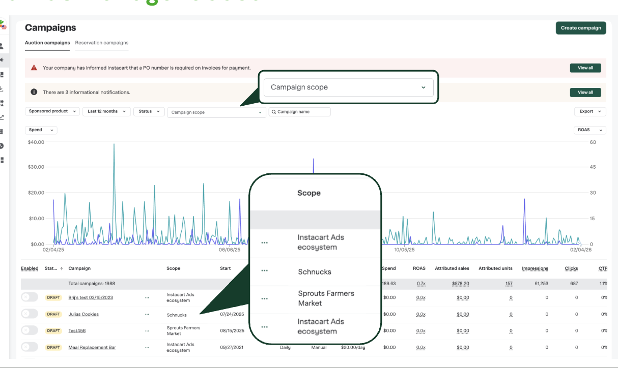 Shows: Campaign management tab showing campaigns with a Campaign scope filter and Scope column