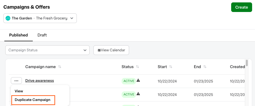 Shows the &quot;Campaigns &amp; Offers&quot; tool in The Fresh Grocery. Options include viewing and duplicating campaigns with status and date details. The &quot;Duplicate Campaign&quot; option is highlighted.