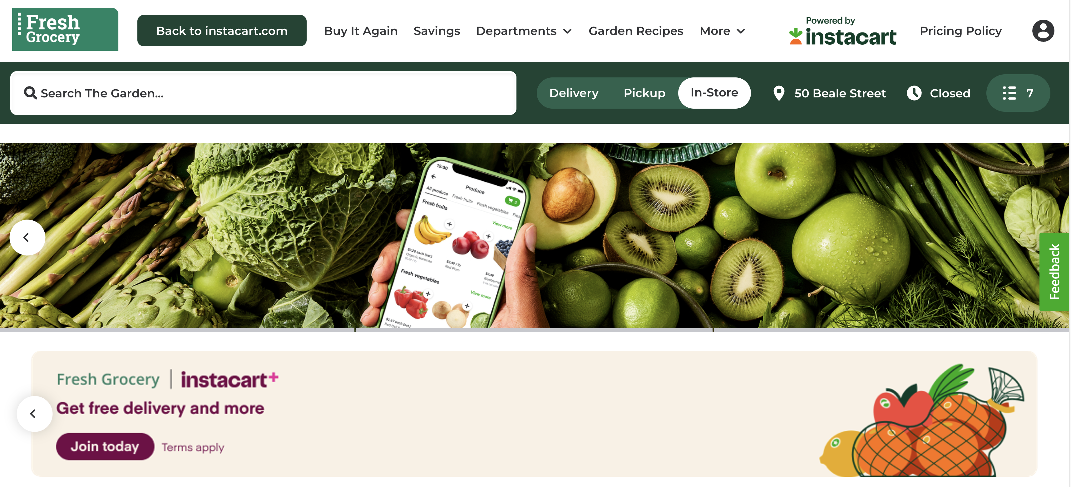 On the second slot of the homepage, a banner creative displays that advertises free delivery for Instacart+ members.