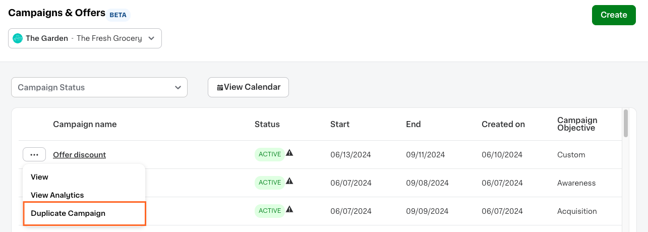 Shows the Campaign &amp; offers tool with several active campaigns, including the &quot;Offer discount&quot; campaign. The row menu for this campaign includes options to view the campaign, view the analytics for the campaign, and duplicate the campaign.