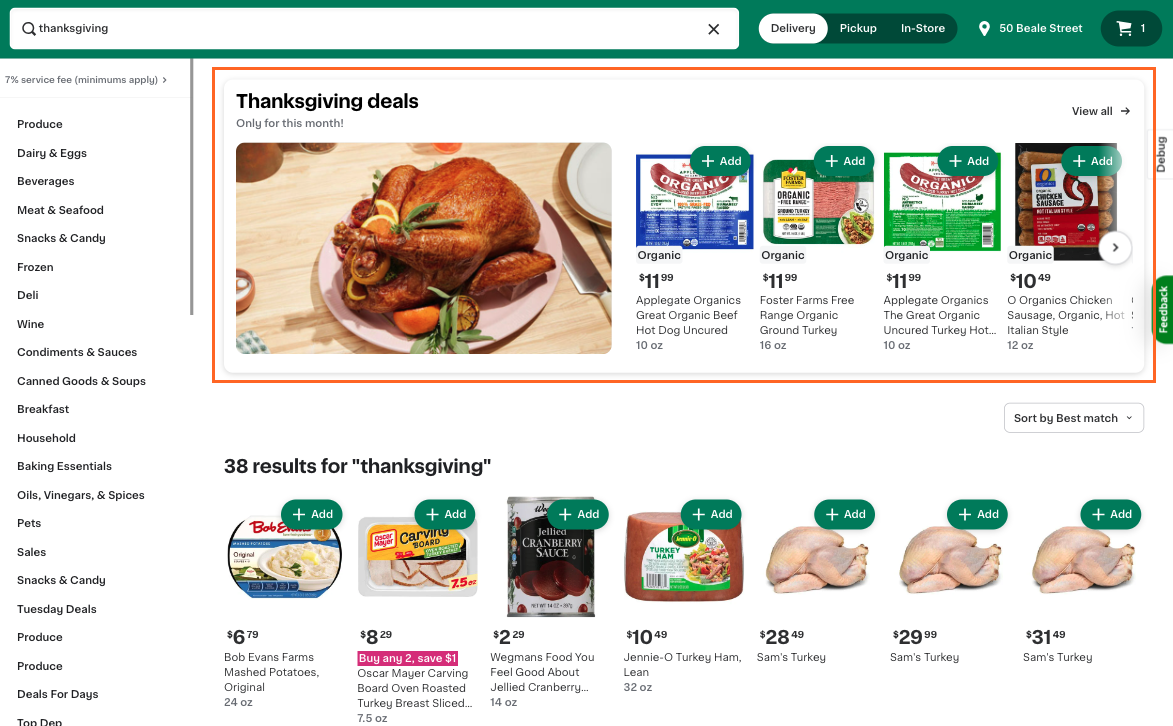 Shows a storefront with a &quot;Thanksgiving deals&quot; section and search results for &quot;thanksgiving.&quot; The &quot;Thanksgiving deals&quot; section features a roasted turkey image and deals on organic products like Applegate Organics Hot Dog Uncured and Organics Chicken Sausage. The search results list 38 products. The &quot;Thanksgiving deals&quot; section is highlighted.