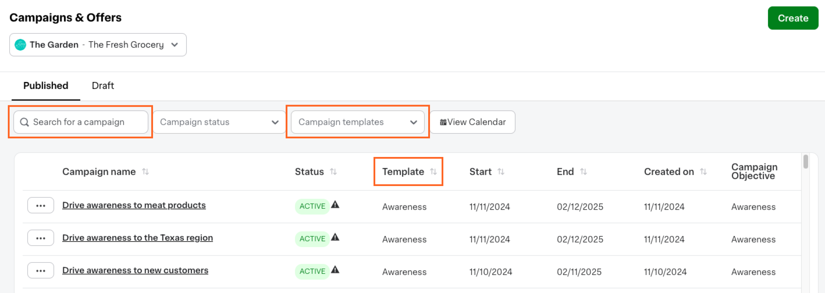 Shows a campaign management interface that displays a list of campaigns with details like name, status, template, start and end dates, creation date, and campaign objective. The highlighted areas include the &quot;Search for a campaign&quot; field, &quot;Campaign templates&quot; menu, and &quot;Template&quot; column header.