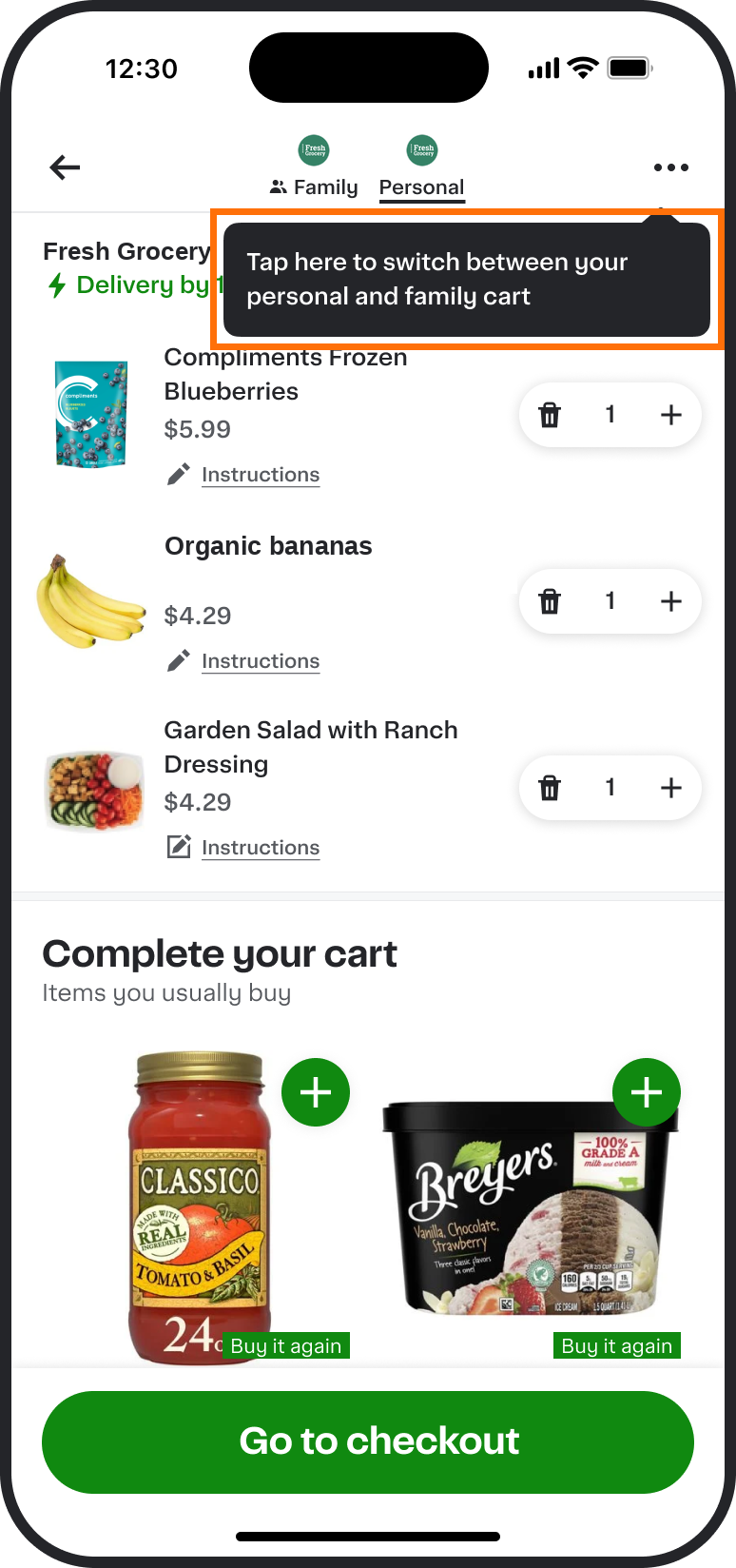 Shows the cart view, with a tooltip highlighted in an orange border that reads "Tap here to switch between your personal and family cart." Two tabs are visible at the top (Family and Personal) with Personal selected.
