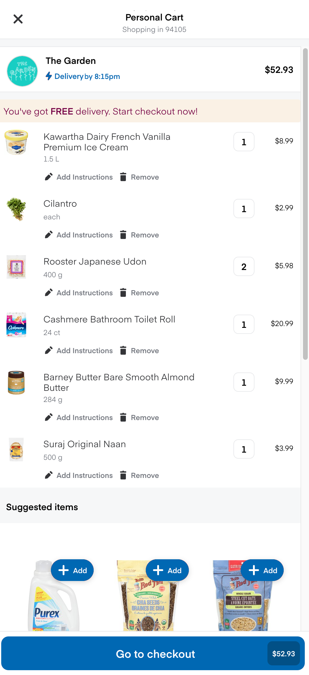 Shows a cart with six items totaling $52.93 and a few suggested items for the customer.