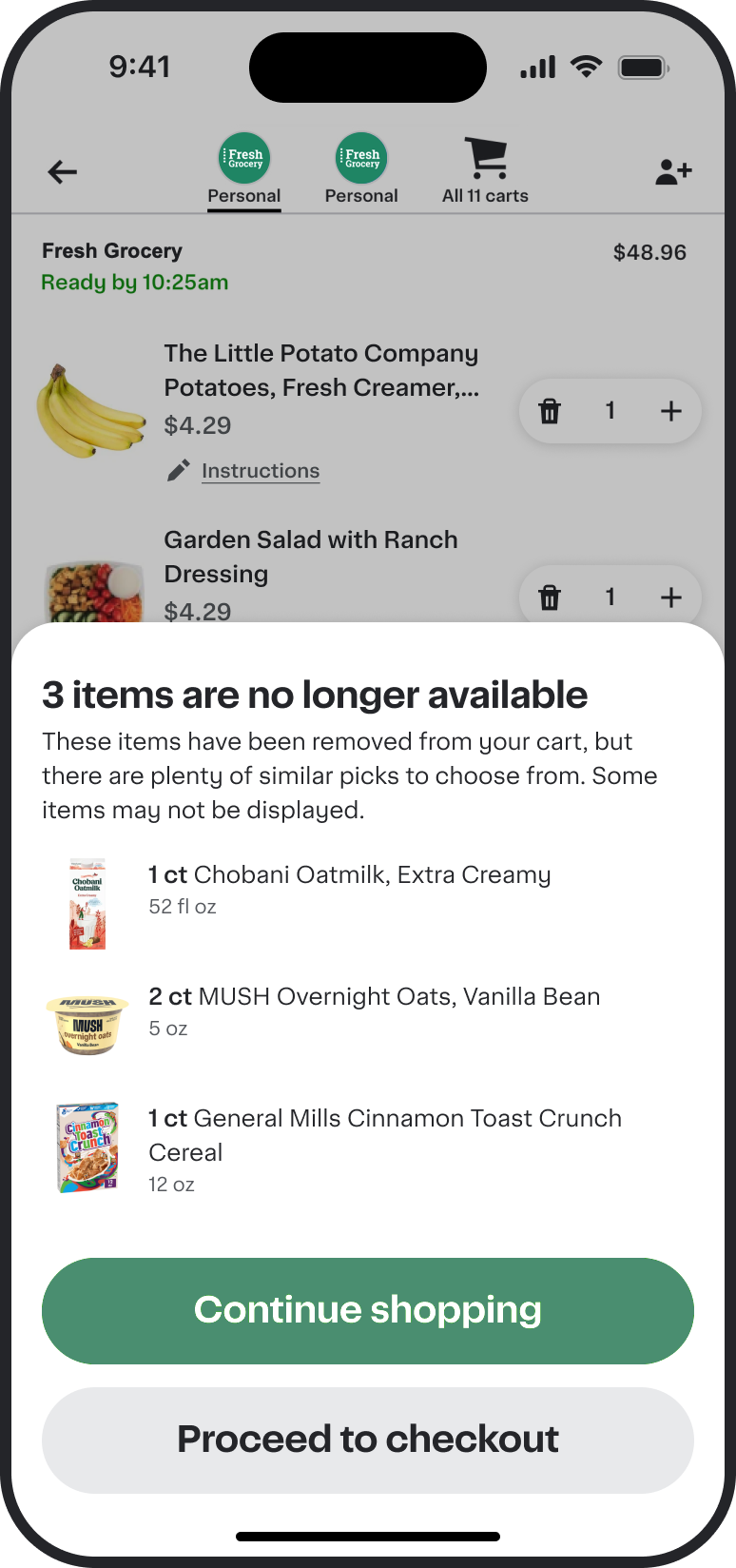 Shows removed cart item notifications.