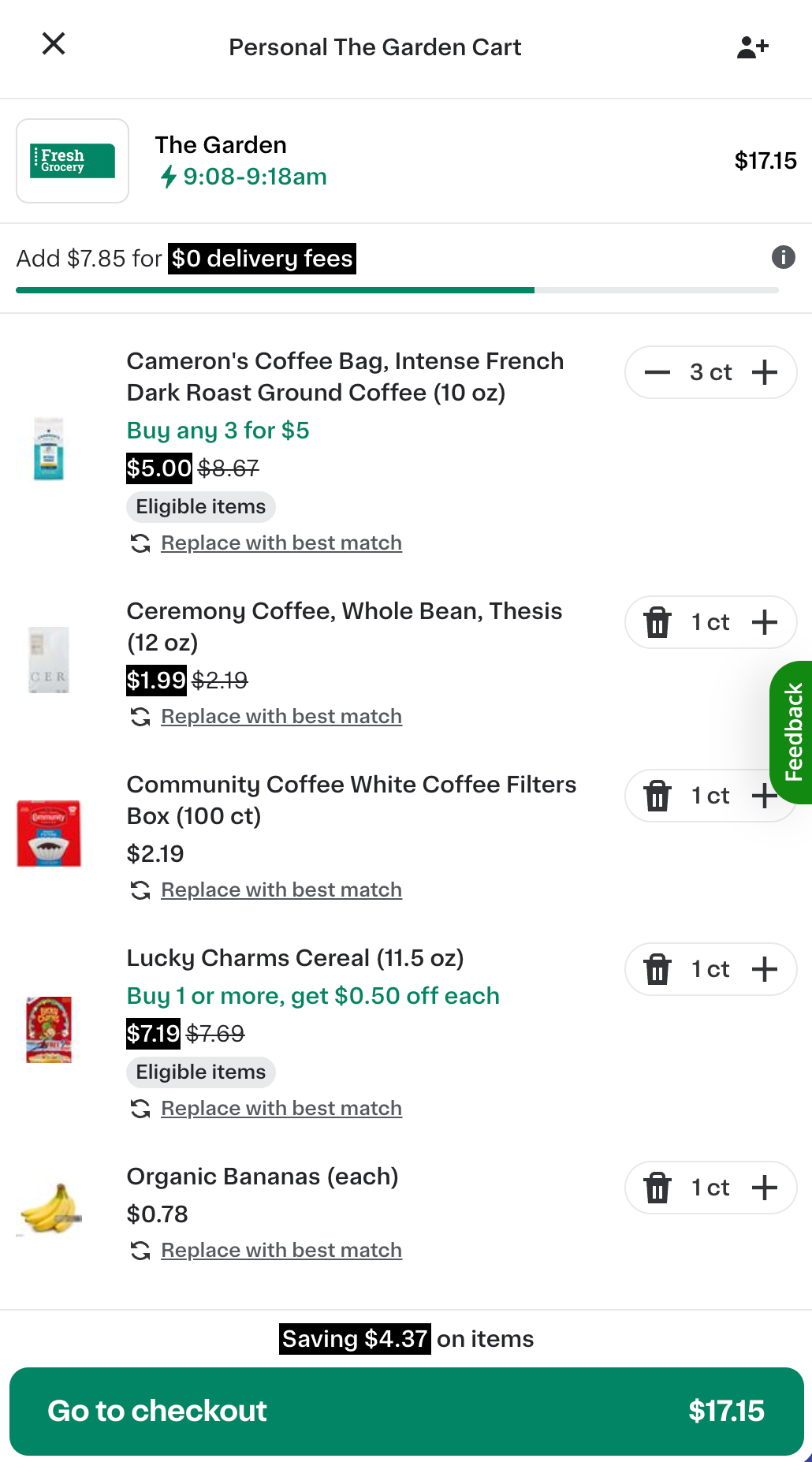 Shows an online grocery cart for &quot;The Garden,&quot; highlighting a progress tracker with $7.85 remaining to unlock free delivery. Selected items include coffee, cereal, and bananas, with quantities adjustable and a savings summary at the bottom.