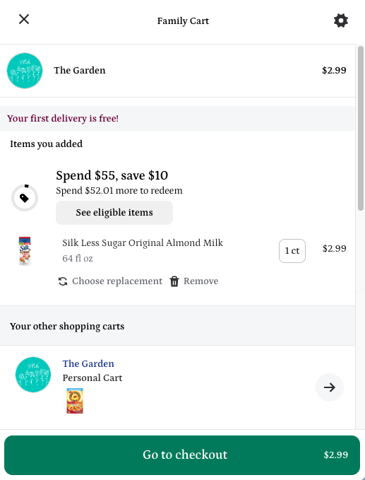 Shows a family cart screen with one item and a personal cart with one item. A green button for checkout is visible.