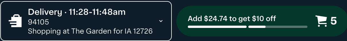 Shows a delivery status bar indicating a scheduled delivery between 8:59 and 9:09 am to the 94105 zip code. A green cart icon with the number 6 indicates six items in the cart.