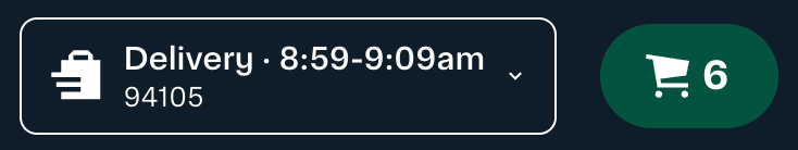 Shows a delivery status bar indicating a scheduled delivery between 8:59–9:09 am to the 94105 zip code. A green cart icon with the number 6 indicates six items in the cart.