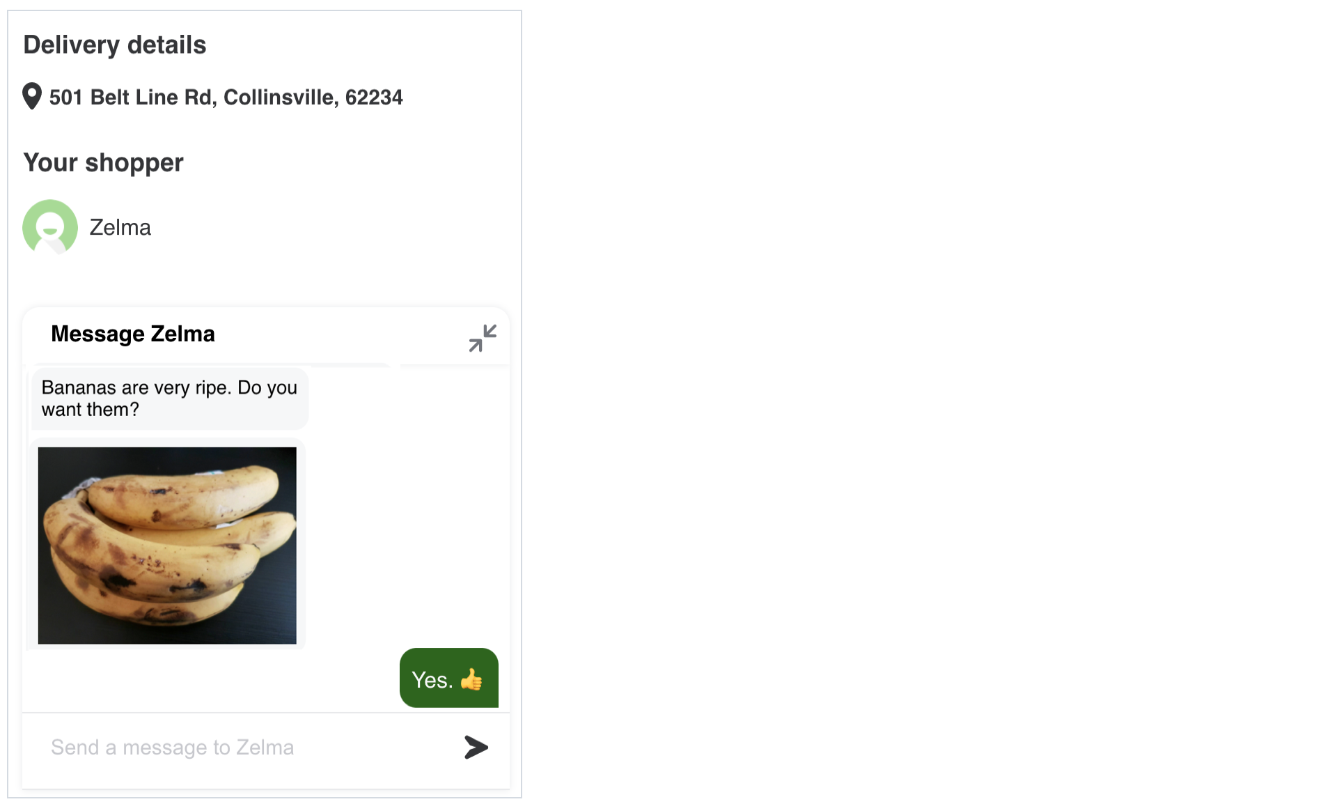 The image shows a shopper message that reads “The bananas are overripe. Do you want them?” with a photo of the produce. The customer responds with &quot;Yes&quot; and a thumbs up emoji.
