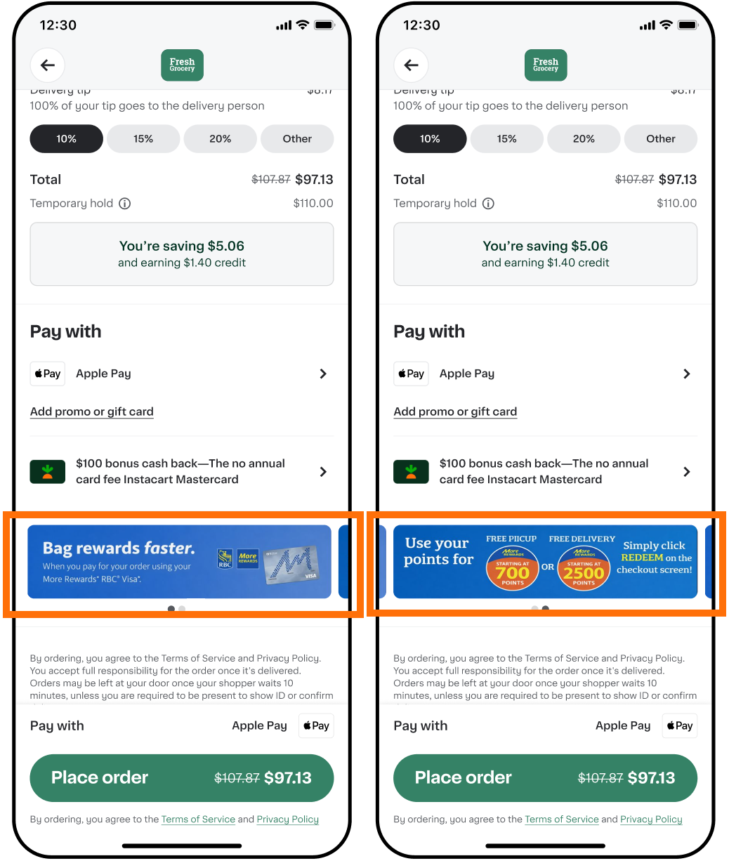 Shows three checkout screens with identical order totals and tip options. Each screen highlights a rotating promotional banner near the bottom of the checkout screen.