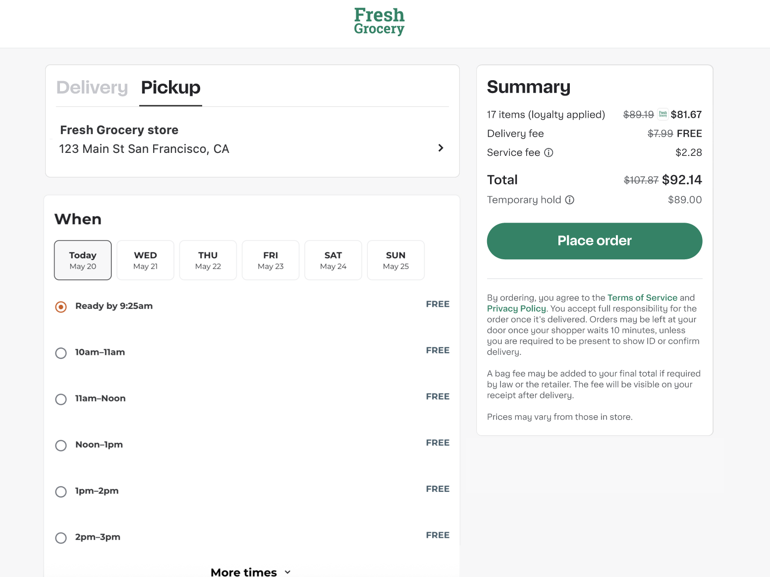 Shows a completed checkout page with the Place an order button active.