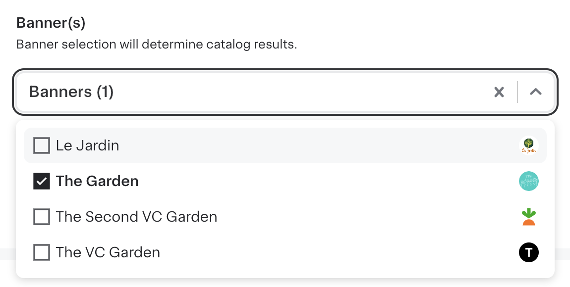 Shows a dropdown for banners. Banners are listed in the dropdown and &quot;The Garden&quot; is selected.