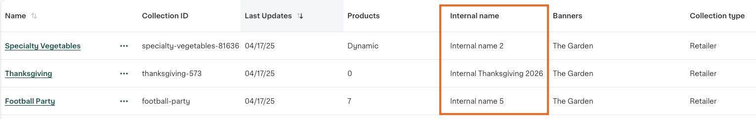 Shows the list of collections in a table with columns for Name, Collection ID, Last Updates, Products, Internal name, Banners, and Collection type. An orange box highlights the Internal name column.