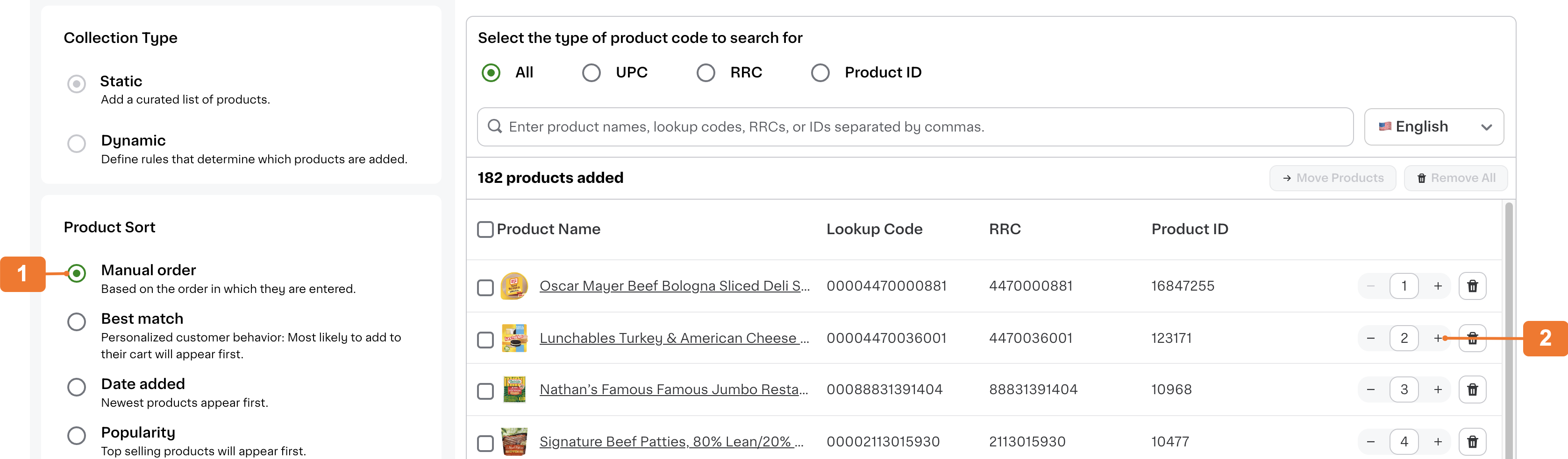 Shows a collection creation page on Instacart Platform Portal with two callouts. Callout 1 points to the Manual order option under the Product sort settings. Callout 2 points to a component that allows a user to modify the product rankings by using the plus (+) or minus (-) buttons or the input field.