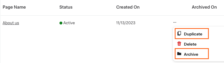 Shows the Content pages tool in Instacart Platform Portal with a table with the &quot;About us&quot; page. Its status is Active, created on 11/13/2023. Options to Duplicate and Archive the page are highlighted.