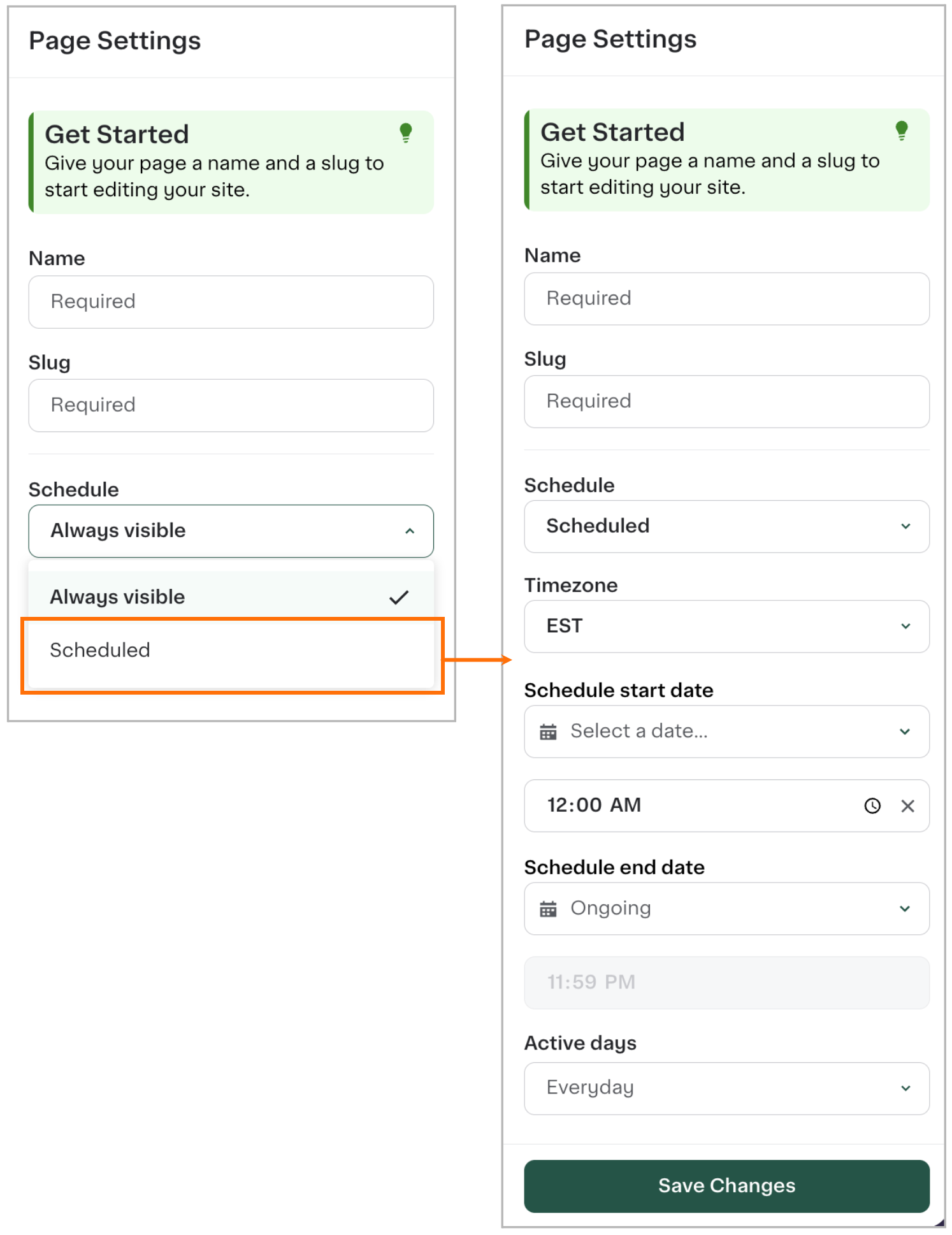 Shows the content page scheduling options in the Page Settings configuration.