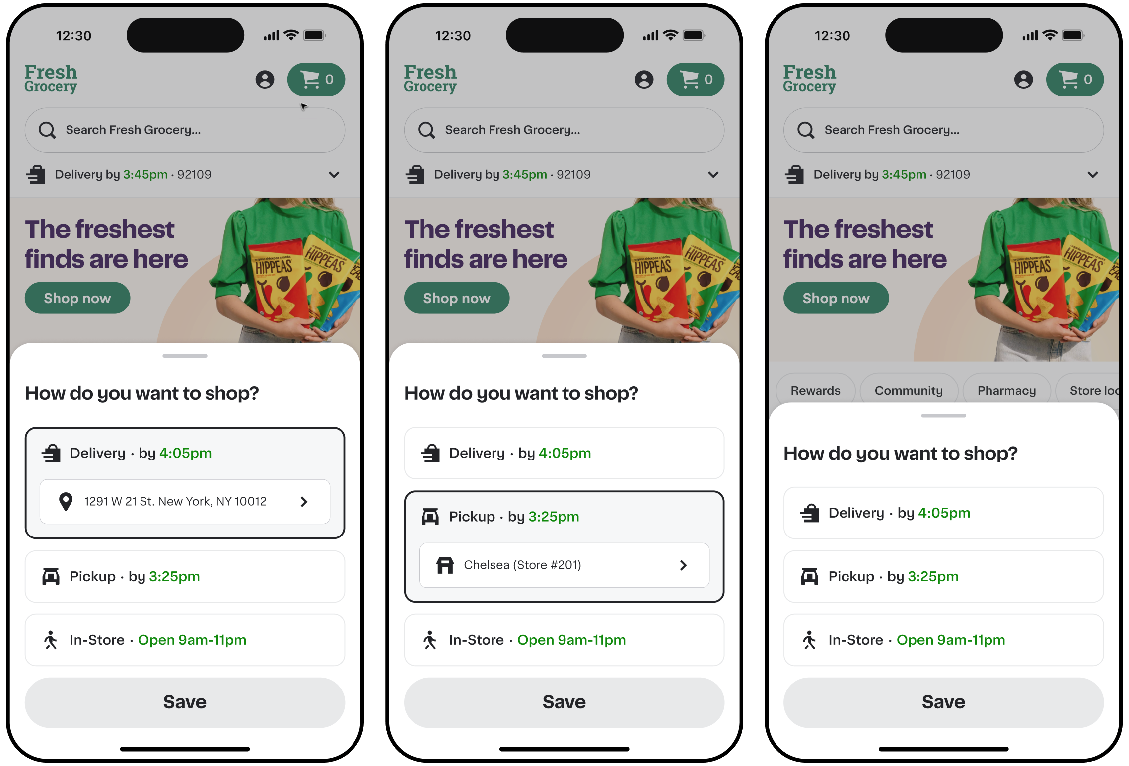 Shows a Fresh Grocery shopping interface with options to choose delivery time and address, pickup location, or in-store shopping hours, accompanied by a save button.
