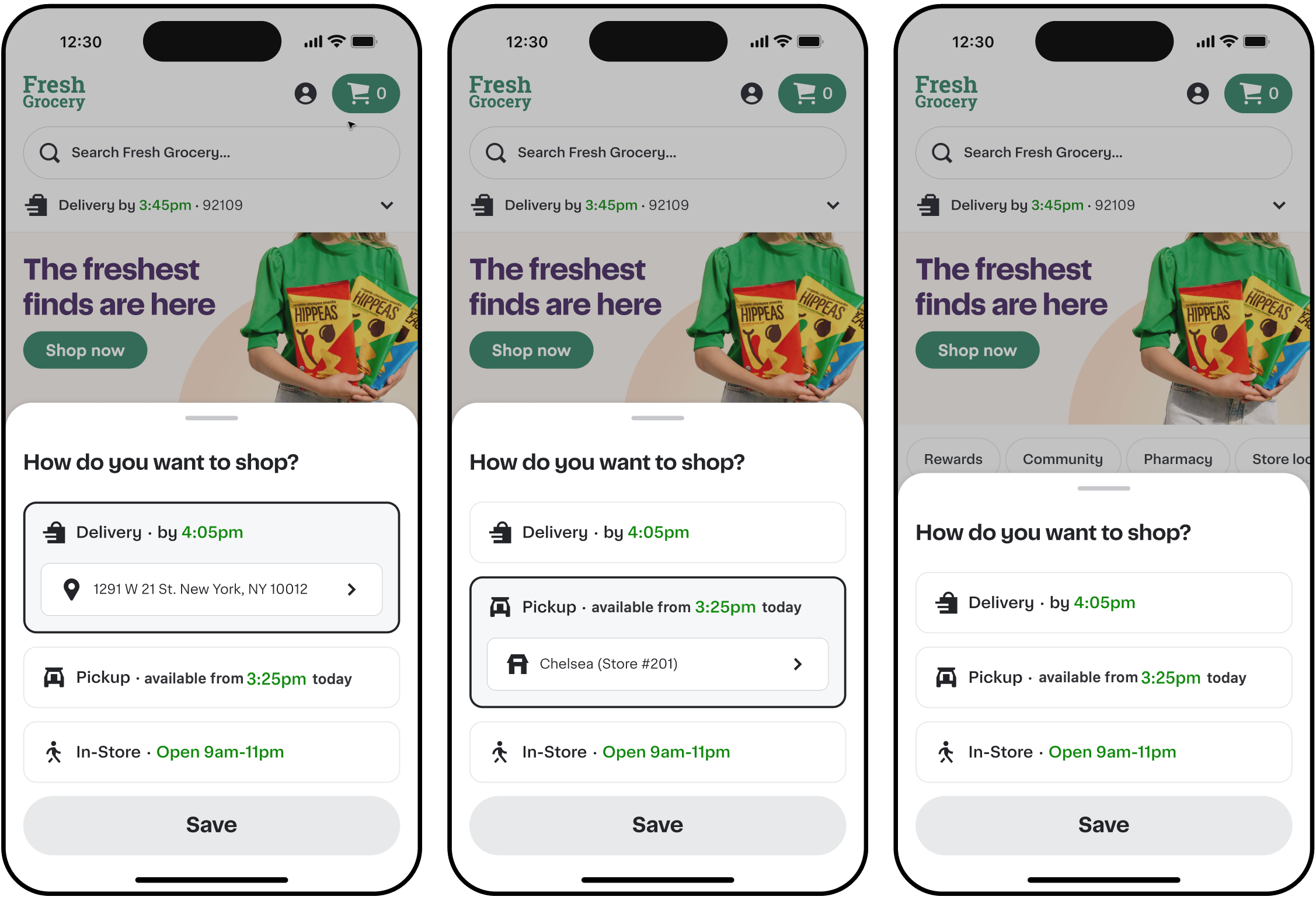 Shows a Fresh Grocery shopping interface with options to choose delivery time and address, pickup location, or in-store shopping hours, accompanied by a save button.
