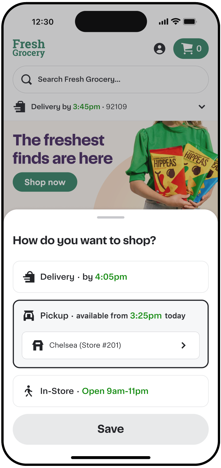 Shows a shopping options screen with choices for delivery by 4:05pm, pickup available from 3:25pm at Chelsea Store #201, and in‑store shopping hours, plus a Save button.