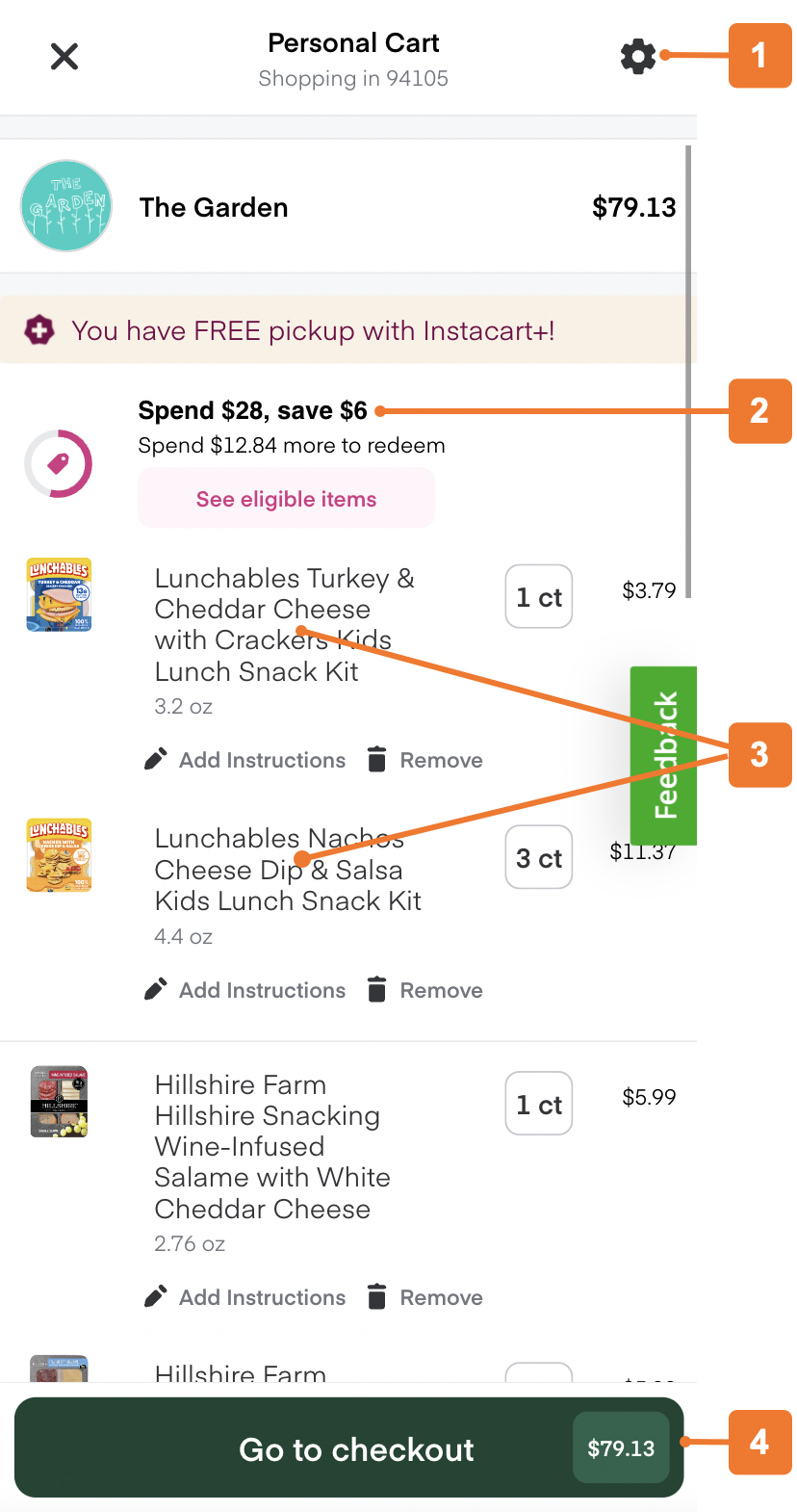 Shows the cart menu on mobile web. Callout number 1 points to the Settings button. Callout number 2 points to promotions. Callout number 3 points to two &quot;Lunchables&quot; items that are grouped together because they belong to the same category. Callout number 4 points to the &quot;Go to checkout&quot; button.